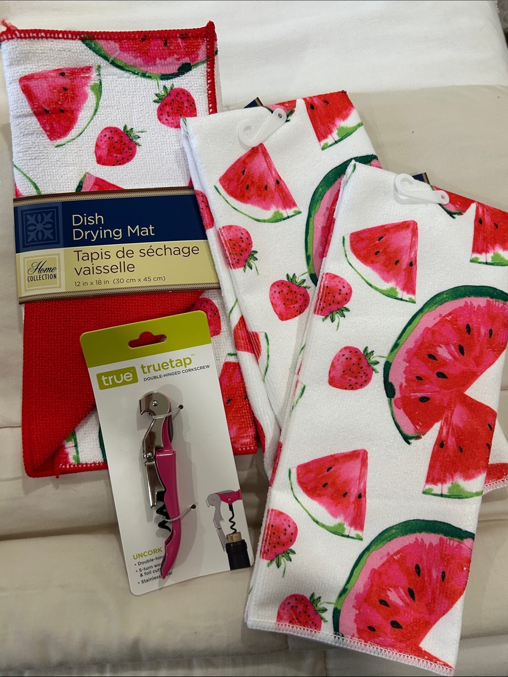 Watermelon & Strawberry Kitchen Towel Set with Pink Corkscrew